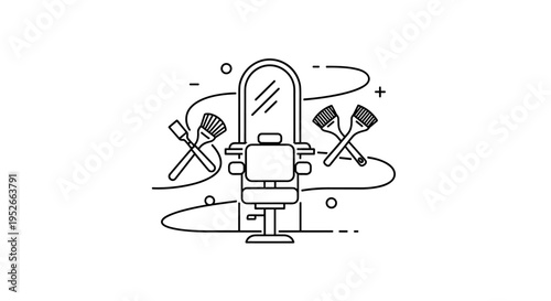 Barber Shop Icons Chair Mirror Brushes and Abstract Lines