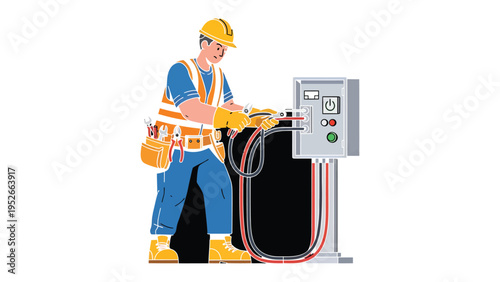 Electrician at Work: A skilled electrician focused and meticulously works on electrical panel. It's a vivid depiction of dedication and precision in the realm of industry.