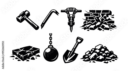 Construction and demolition tools silhouette set including hammer shovel jackhammer