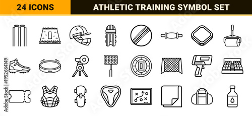 Professional Cricket Sports Equipment Monoline Outline Symbols for Tournament Branding and Athletic Training Applications with Technical Minimalist Aesthetic