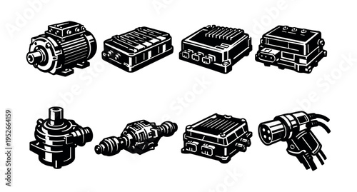 Black and white vector illustrations of automotive components and mechanical parts