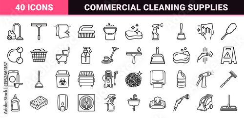 Sanitation and Hygiene Monoline Symbols featuring Technical Line Art for Professional Maintenance and Commercial Cleaning Service Applications