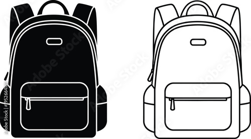 Backpack Icon Set: Solid and Outline Style Vector