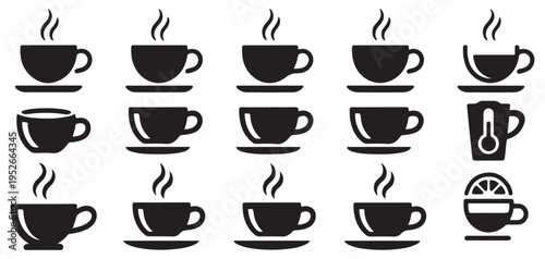 Minimalist coffee and tea cup icons set with saucers for restaurant and cafe menu design. vector illustration eps 10