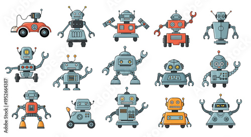 Large collection of different cartoon robots with various tools and wheels representing future technology.