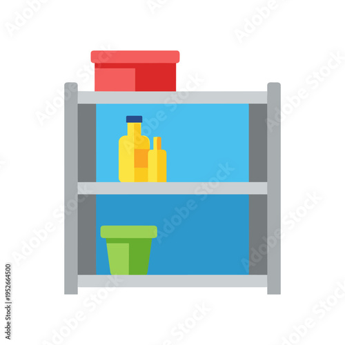cartoon shelf with cleaning supplies and storage containers