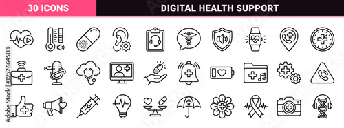 Telemedicine Consultation Monoline Icons Featuring Digital Health Support and Medical Audio Assistance symbols in Sophisticated Technical Line Art
