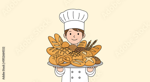 Male baker in a traditional white chef hat and uniform proudly presents a large tray filled with various fresh breads and pastries.