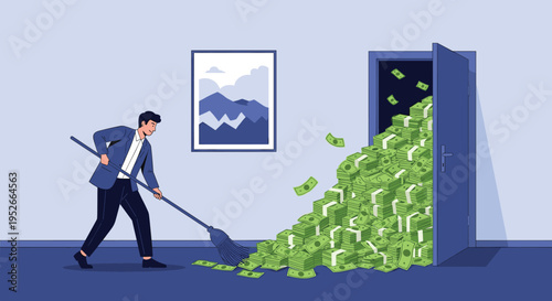 Businessman in a suit uses a broom to sweep a large pile of green cash banknotes through an open doorway into a room for financial success.
