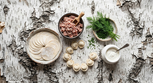Wallpaper Mural Flat lay arrangement of Russian Pelmeni dumpling ingredients on birch bark Torontodigital.ca