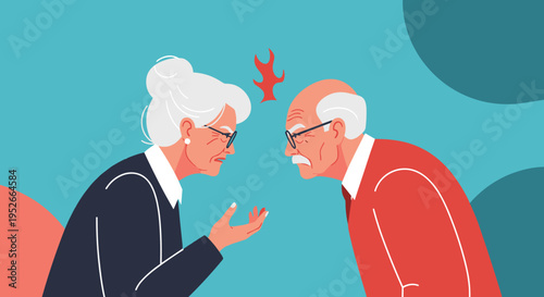 Senior man and woman with glasses stand face to face while having a heated argument with angry expressions on their faces for a conflict scene.