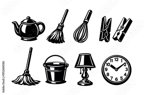Vintage household object set in black and white silhouette style illustration