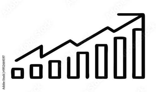 Hand drawn bar chart with upward trending arrow symbolizing growth and success