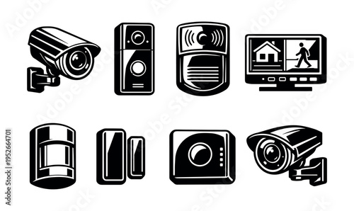 Security cameras and alarm systems clipart set, black and white illustrations of surveillance equipment