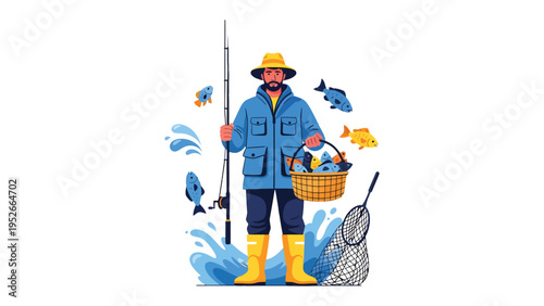 Gone Fishing: An illustration of a fisherman, standing confidently with his fishing rod and basket full of fish, capturing the essence of the outdoors pursuit