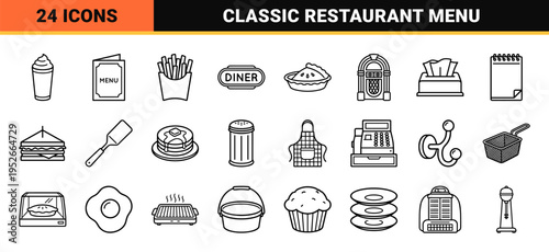 Retro American Diner Gastronomy Monoline Symbols for Menu Design and Digital Interface Navigation Featuring Minimalist Stroke Aesthetic