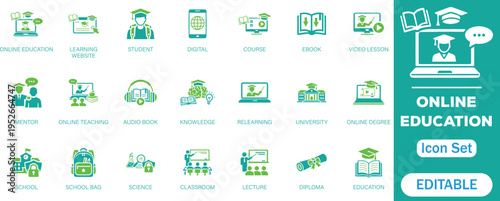 Online Education Editable Solid Icon Set. Symbol for online courses, e-books, online learning platforms, student, institutions, cognition, degree, exam, and online education perfect icons collection.
