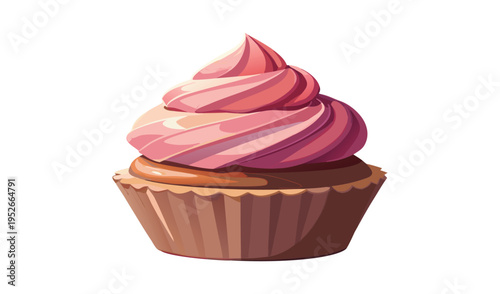 Deliciously frosted cupcake with swirled pink frosting on a white background