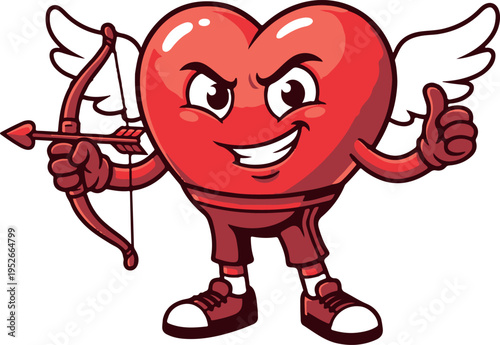 A cheerful cartoon heart character with wings and a bow and arrow gives a thumbs up on a white background