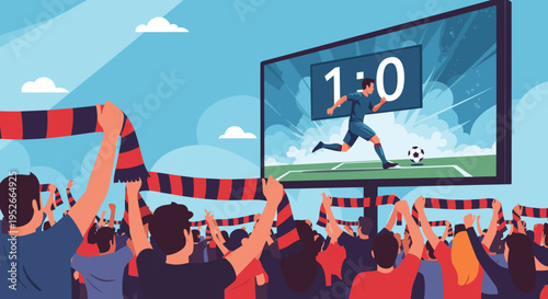 Large crowd of fans cheers for their team while watching a live football soccer match on a giant outdoor digital screen in a stadium.
