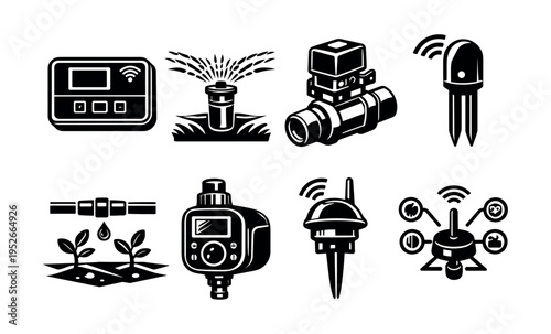 Black and white vector set of smart irrigation system icons with sensors and controllers