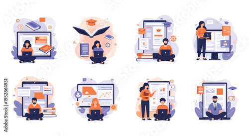 Set of eight flat design illustrations depicting various people engaged in online learning activities using laptops and digital devices.