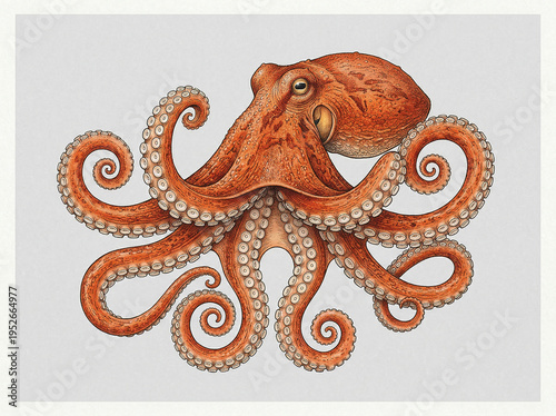 Orange-red octopus with curling tentacles and pale suction cups, isolated on a soft light gray background, realistic marine anatomy, elegant scientific illustration style.