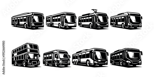 Black and white vector silhouette set of various bus designs