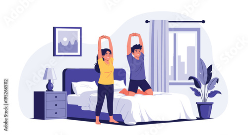 Young man and woman in pajamas wake up and perform stretching exercises while kneeling on their bed in a cozy purple toned bedroom.