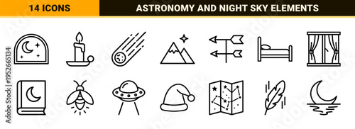 Minimalist Celestial Night Sky Outline Symbols featuring Moon Stars and Space Elements in Technical Monoline Aesthetic for UI Design