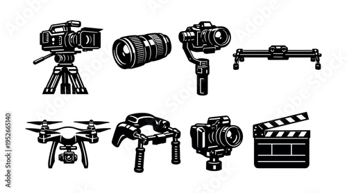 Black and white vector illustrations of film and photography equipment set