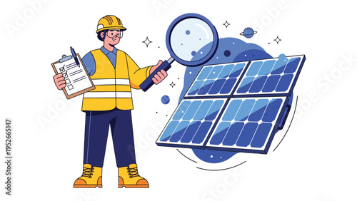 Solar Panel Inspection: An engineer meticulously examines a solar panel, holding a magnifying glass to check for any imperfections, showcasing the essential work of maintaining renewable energy