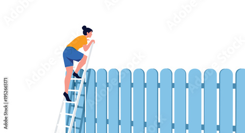 Young woman wearing a yellow shirt and blue shorts climbs a white ladder to look over a tall blue wooden fence on a white background.