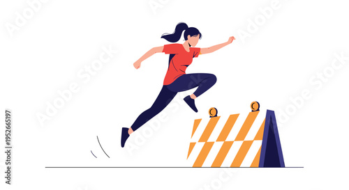 Energetic female athlete in a red shirt and dark leggings jumps high over an orange and white construction hurdle while running fast outdoors.