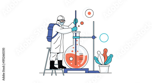 Professional scientist in a white hazmat suit and protective gear works with a large flask containing orange chemicals in a modern laboratory.
