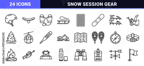 Winter Sports Equipment and Snow Session Monoline Symbols featuring technical outline aesthetic for skiing snowboarding and alpine recreation.
