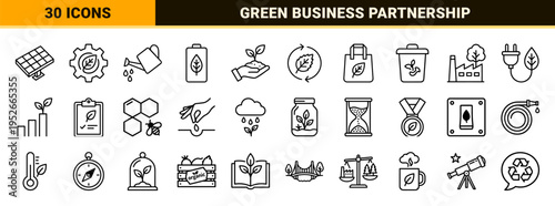 Sustainable Business Partnership Neo-Line Art Symbols Featuring Ethical Handshake Seedling Growth and Environmental Corporate Responsibility