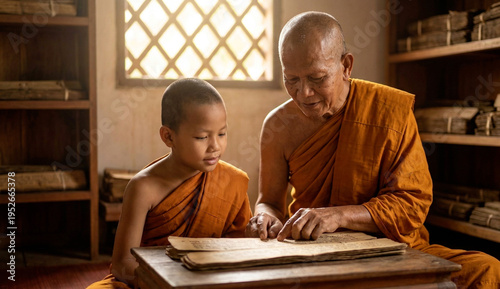 Buddhist monk teaching a young novice student with ancient manuscript in a temple library.