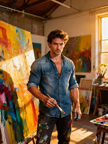 An artist stands confidently in a vibrant studio, holding a paintbrush and surrounded by colorful abstract artworks. The warm light fills the space, enhancing the colors