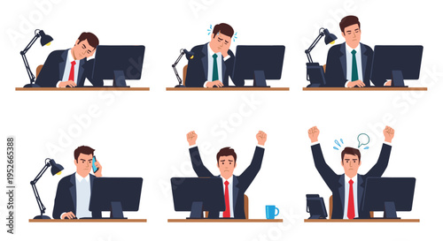 Six illustrations showing a male office worker experiencing different emotions like stress, boredom, and joy while at his computer desk.