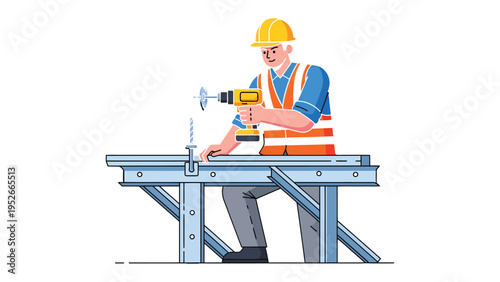 Construction Worker in Action: A skilled construction worker meticulously uses a power drill on a metal beam, symbolizing precision and hard work in the industry.