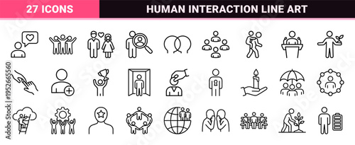 Minimalist Monoline Social Connection Symbols Featuring Human Interaction Concepts and Community Engagement Outline Art for Digital Interfaces