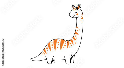 Adorable cartoon brachiosaurus dinosaur with an orange striped pattern on its white body stands smiling on a plain white background.