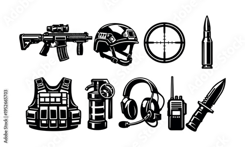 Tactical gear and weapon vector illustration set black and white