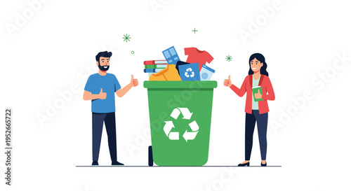 Man and woman stand next to a large green recycling bin filled with clothes, books, and household items while giving a thumbs up for ecology.
