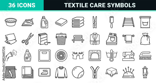 Household Laundry and Folded Textile Management Symbols in Technical Monoline Style for Professional Housekeeping and Domestic Organization Apps