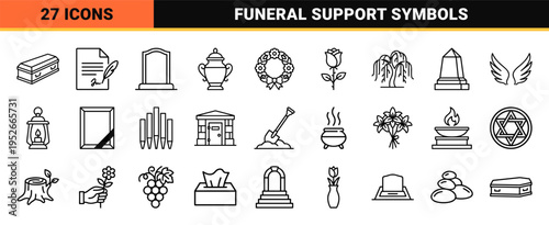 Funeral Service and Mortuary Line Icons featuring Minimalist Monoline Symbols for Memorial Tributes and Bereavement Support Graphics.