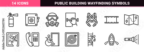 Emergency Evacuation and Public Safety Monoline Outline Set featuring Technical Exit Path and Medical Protection Symbols for Wayfinding