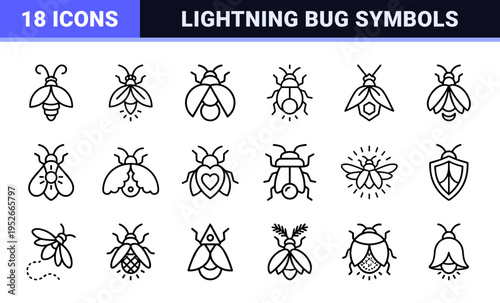 Bioluminescent Firefly Monoline Symbols featuring Minimalist Lightning Bug Outlines and Technical Neon Insect Geometry for Professional Branding.
