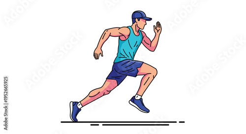 Fit man wearing a blue tank top, shorts, and a cap runs energetically along a track during a morning workout session for health and fitness.